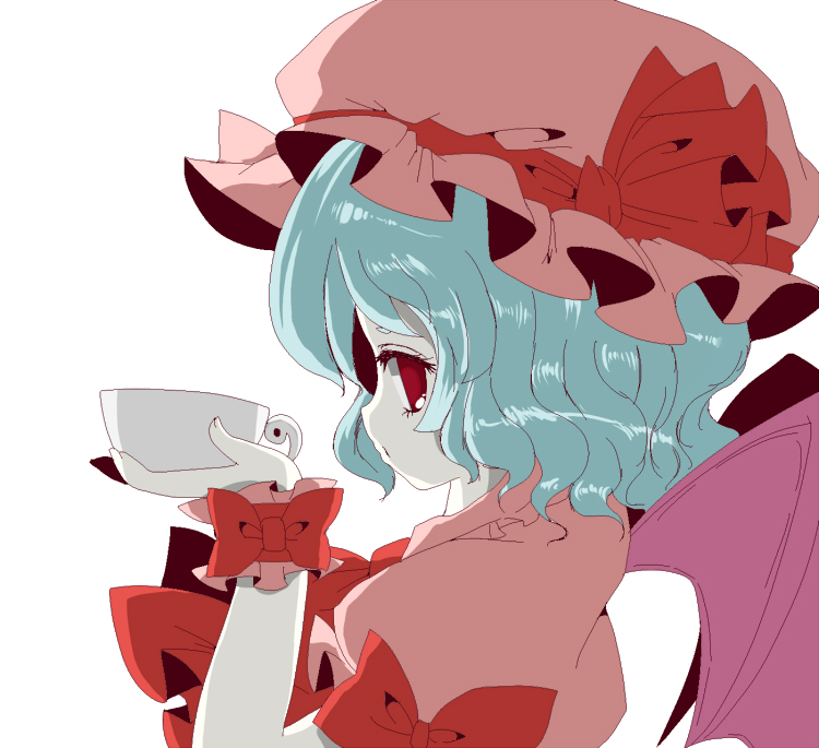 ama bat_wings blue_hair hat red_eyes remilia_scarlet ribbon short_hair solo touhou wings