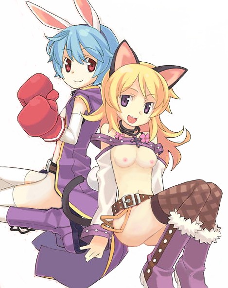animal_ears belt blonde_hair blue_hair boots boxing_gloves breasts bunny_(trickster) bunny_ears bunny_tail cat_(trickster) cat_ears cat_tail cross gloves medium_breasts multiple_girls nipples nude nude_filter purple_eyes red_eyes tail thighhighs third-party_edit trickster