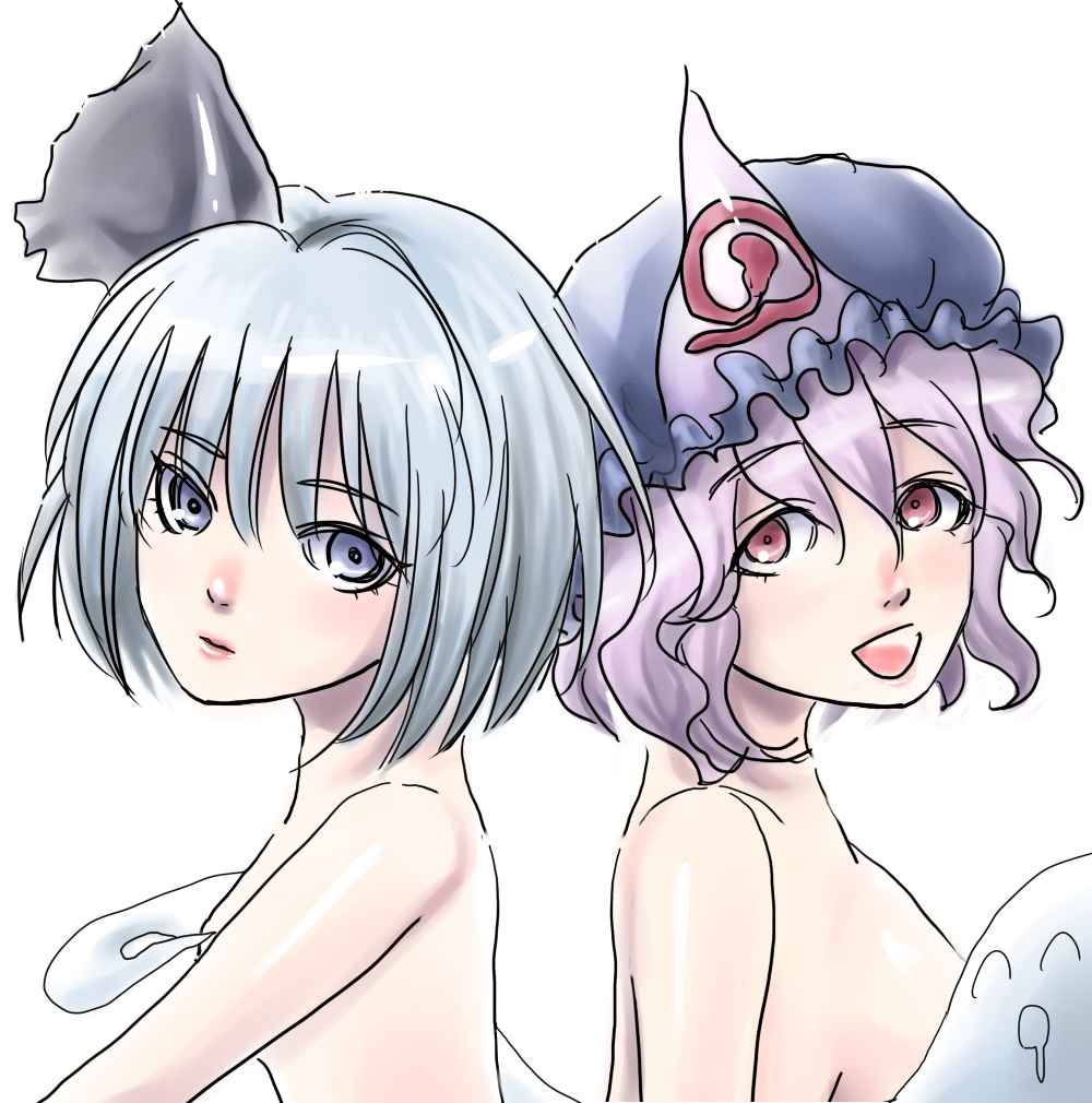 bad_id bad_pixiv_id bangs hitodama konpaku_youmu konpaku_youmu_(ghost) multiple_girls nude saigyouji_yuyuko touhou waya