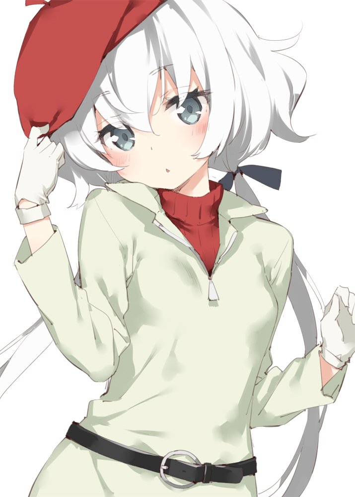 1girl arm_up belt commentary_request dress gloves hand_on_headwear hat head_tilt konno_junko long_hair low_twintails peko red_hat red_sweater ribbon silver_eyes simple_background solo sweater twintails upper_body very_long_hair white_background white_dress white_gloves white_hair zombie_land_saga