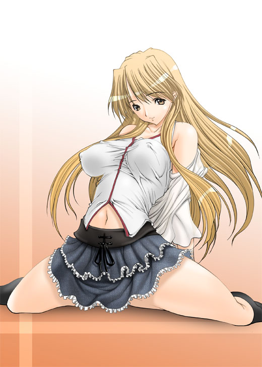 bakuchin blonde_hair breasts copyright_request covered_nipples large_breasts long_hair navel non-web_source skirt solo split spread_legs yellow_eyes