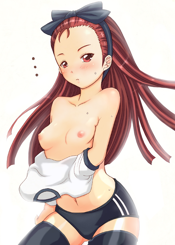 blush bow breasts brown_eyes brown_hair buruma gym_uniform hairband idolmaster idolmaster_(classic) idolmaster_1 long_hair minase_iori navel nipples shiina_you_(tomoshibi) small_breasts solo thighhighs undressing