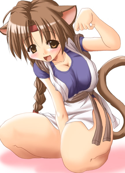 animal_ears blush bottomless braid breasts brown_eyes brown_hair cat_ears cat_tail cleavage dougi headband large_breasts long_hair no_panties ryuuko_no_ken sash seiza single_braid sitting solo tail the_king_of_fighters tonpuu very_long_hair yuri_sakazaki