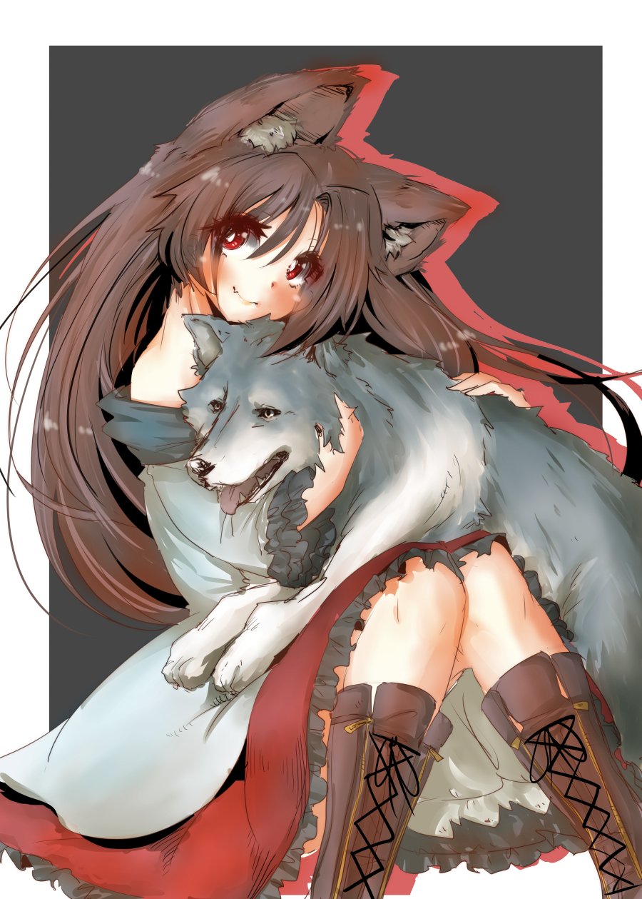 animal animal_ear_fluff animal_ears bare_shoulders boots brown_footwear brown_hair closed_mouth cross-laced_footwear fang_out grey_background head_tilt highres imaizumi_kagerou knees_together_feet_apart lace-up_boots long_hair looking_at_viewer off_shoulder petting red_eyes red_skirt shirt sitting skirt smile solo tail tikano touhou two-tone_background white_background white_shirt wolf wolf_ears wolf_tail