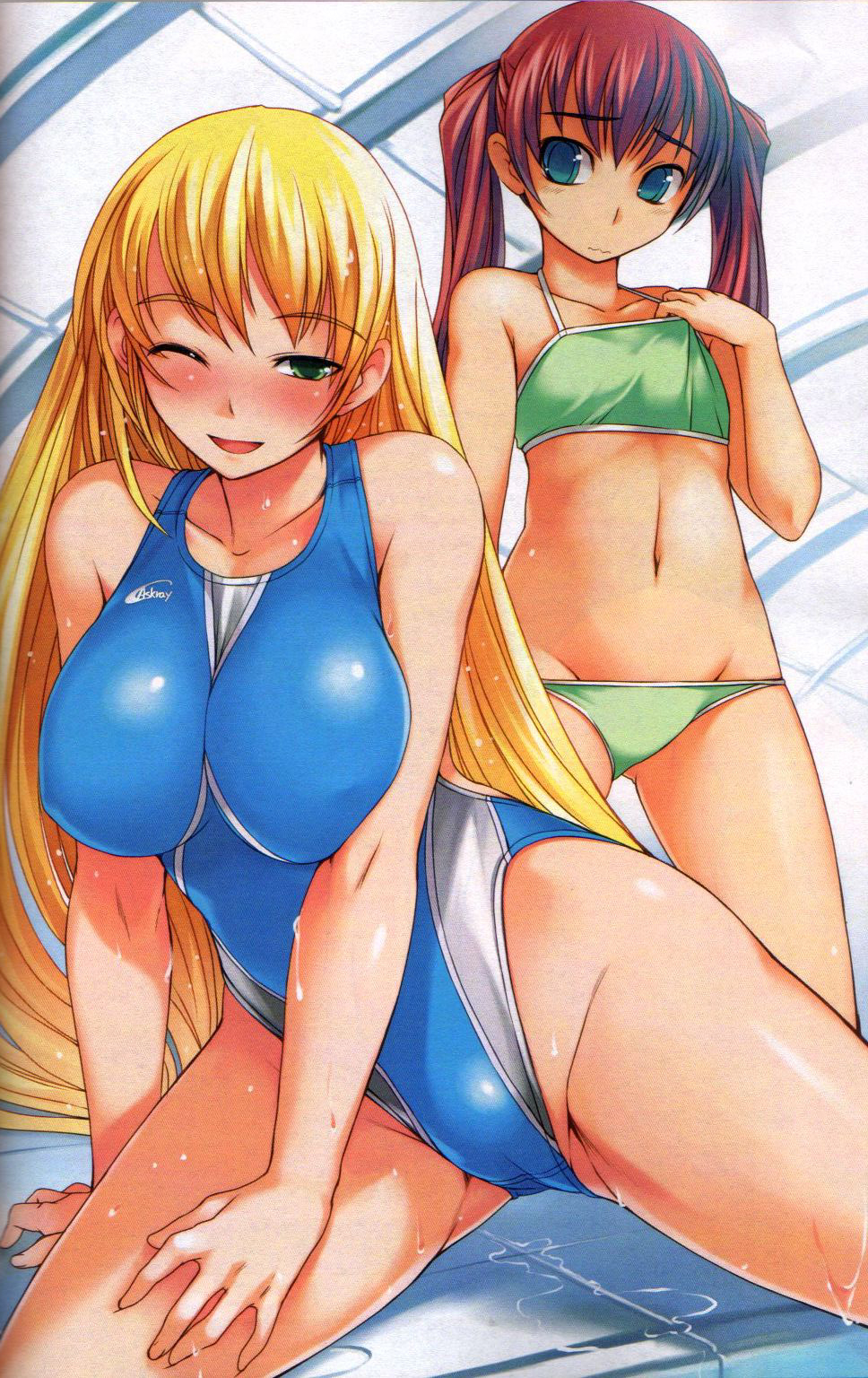 aqua_eyes bikini blonde_hair blush bosshi breast_envy breasts competition_swimsuit flat_chest green_eyes highres large_breasts long_hair lowleg lowleg_bikini multiple_girls non-web_source one-piece_swimsuit one_eye_closed original red_hair swimsuit twintails wet