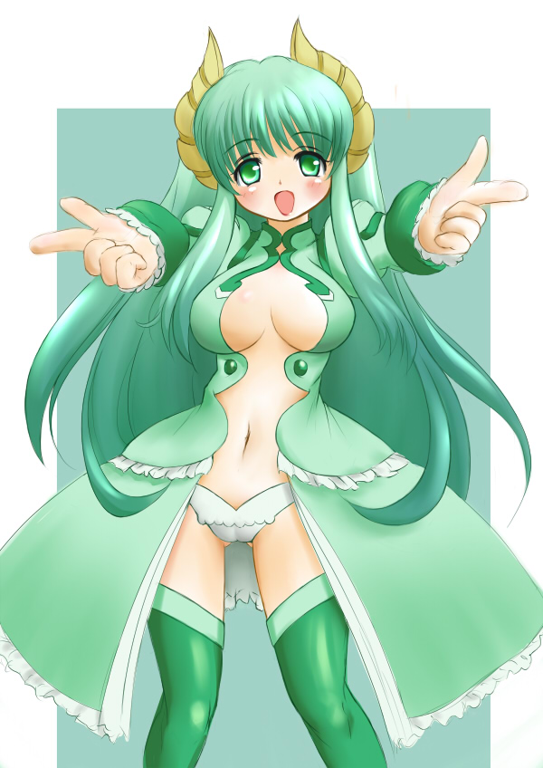 breasts falce ginjyasei green_eyes green_hair horns large_breasts long_hair magician's_academy navel outstretched_arms panties smile solo spread_arms thighhighs underwear