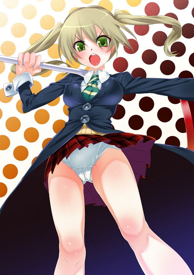 blonde_hair green_eyes hisasi long_hair maka_albarn necktie panties plaid plaid_skirt scythe skirt sleeve_cuffs solo soul_eater twintails underwear white_panties