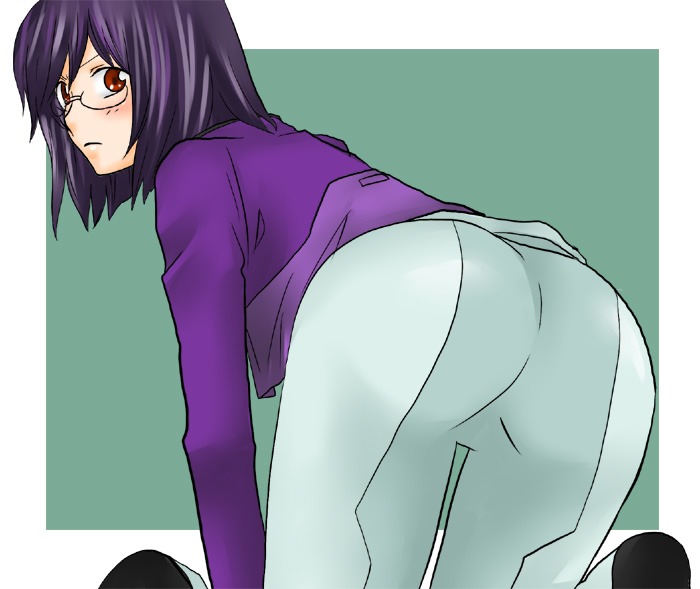 ass bent_over glasses gundam gundam_00 karikura_hashiko looking_back male_focus pants purple_hair solo tieria_erde