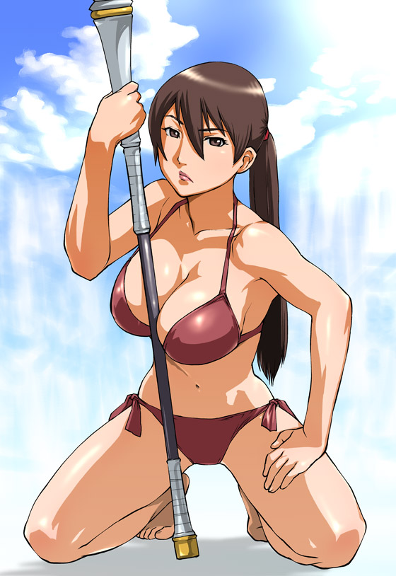 balsa barefoot bikini breasts brown_eyes brown_hair cleavage day kneeling large_breasts lips polearm ponytail seirei_no_moribito side-tie_bikini solo spear swimsuit ueyama_michirou weapon