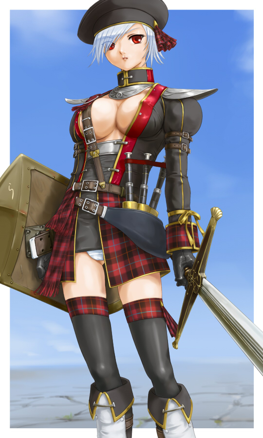 bagpipes beret blue_hair boots breasts collar hat instrument large_breasts monster_hunter panties plaid rasukaru red_eyes shield short_hair solo sword thighhighs underwear weapon