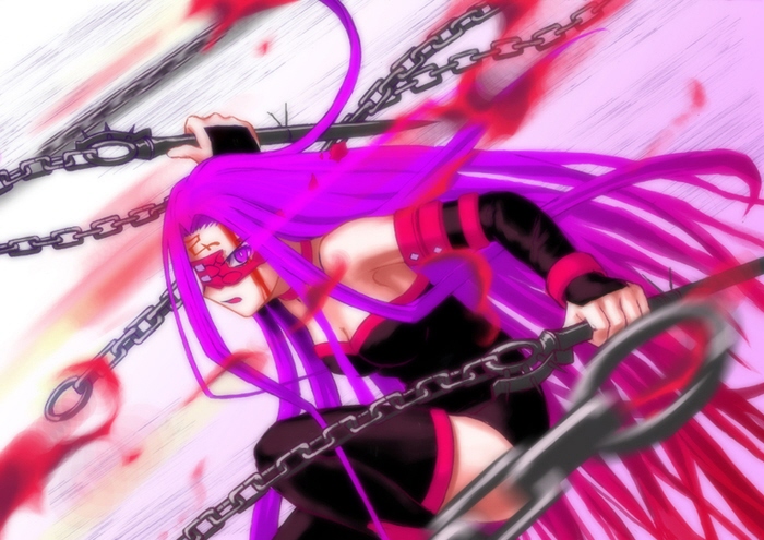 artist_request blood boots dress fate/stay_night fate_(series) long_hair purple_eyes purple_hair rider solo strapless strapless_dress thigh_boots thighhighs very_long_hair weapon