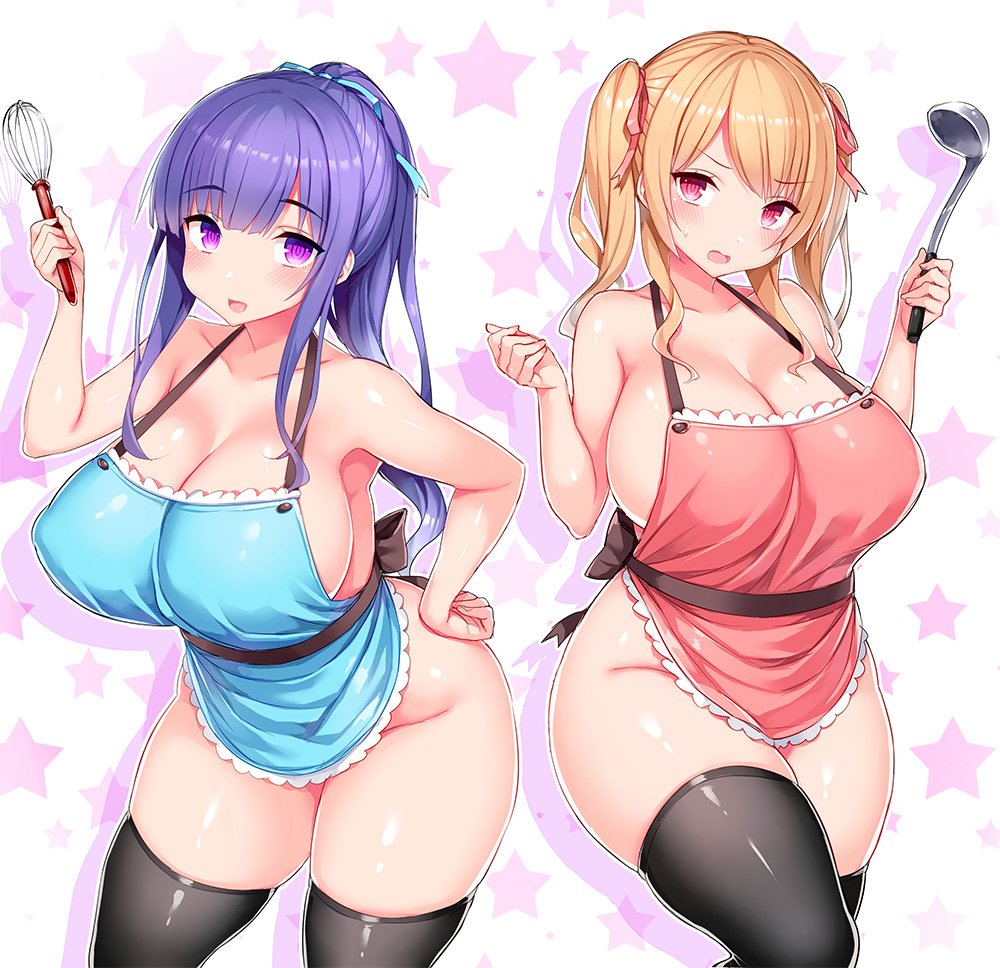 2girls apron bangs black_legwear black_ribbon blonde_hair blue_ribbon blush breasts cleavage collarbone commentary erect_nipples eyebrows_visible_through_hair hair_between_eyes hair_ornament hair_ribbon hand_on_hip hands_up holding large_breasts long_hair looking_at_viewer multiple_girls naked_apron no_panties open_mouth original plump ponytail puffy_nipples purple_eyes purple_hair red_eyes red_ribbon ribbon sideboob simple_background skindentation smile standing star starry_background sweatdrop thighhighs tsukumiya_amane twintails whisk