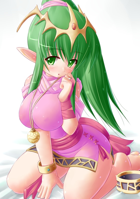 barefoot blush bracelet breast_squeeze breasts bridal_gauntlets chiki elf fire_emblem fire_emblem:_monshou_no_nazo green_eyes green_hair jewelry kneeling kourourin large_breasts long_hair mamkute necklace older pointy_ears ponytail scarf see-through solo