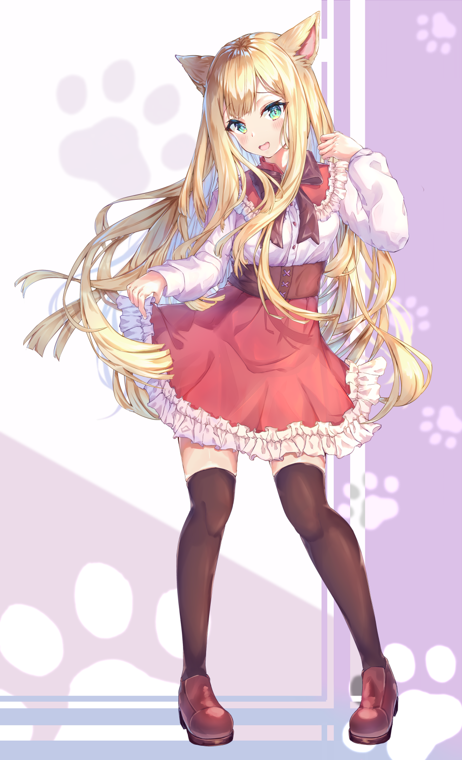 1girl :d animal_ears blonde_hair blurry blush bow bowtie brown_footwear brown_legwear brown_neckwear buttons cat_ears fang floating_hair frilled_shirt frilled_shirt_collar frilled_skirt frills full_body green_eyes hand_up head_tilt high-waist_skirt highres long_hair long_sleeves looking_at_viewer mishuo_(misuo69421) open_mouth original paw_background red_skirt shirt shoes skirt skirt_hold smile solo standing thighhighs very_long_hair white_shirt zettai_ryouiki