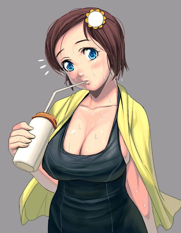 bad_id bad_pixiv_id black_school_swimsuit blue_eyes blush breasts brown_hair cleavage drink drinking_straw huge_breasts masao one-piece_swimsuit original school_swimsuit short_hair solo sweat swimsuit towel towel_around_neck upper_body wet