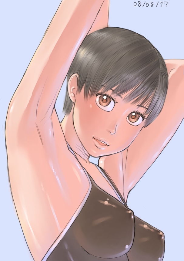 armpits ayumu_(zenkou) black_hair blue_background breasts brown_eyes covered_nipples dated head_tilt impossible_clothes looking_at_viewer medium_breasts open_mouth original shiny shiny_skin short_hair simple_background solo sports_bra tank_top upper_body zenkou