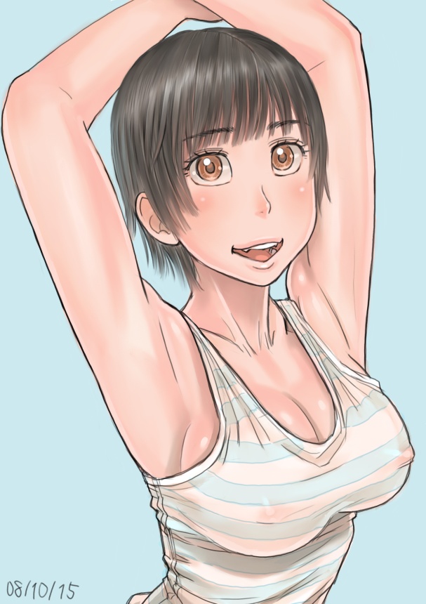 armpits ayumu_(zenkou) black_hair blue_background blush breasts brown_eyes cleavage covered_nipples dated large_breasts looking_at_viewer open_mouth original see-through short_hair simple_background smile solo striped tank_top taut_clothes zenkou