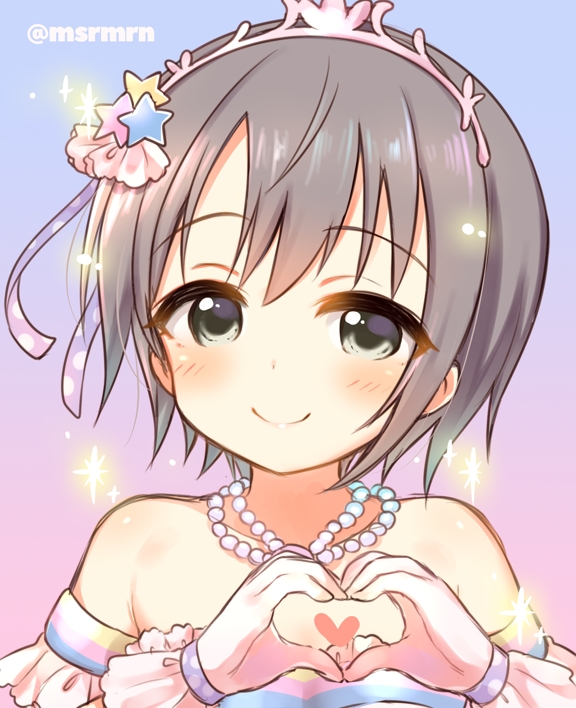 1girl bangs bare_shoulders blue_background blush brown_eyes brown_hair closed_mouth dress eyebrows_visible_through_hair gloves gradient gradient_background hair_between_eyes hair_ornament heart heart_hands idolmaster idolmaster_cinderella_girls jewelry marshmallow_mille necklace otokura_yuuki pearl_necklace pink_background smile solo sparkle star star_hair_ornament strapless strapless_dress tiara upper_body white_gloves