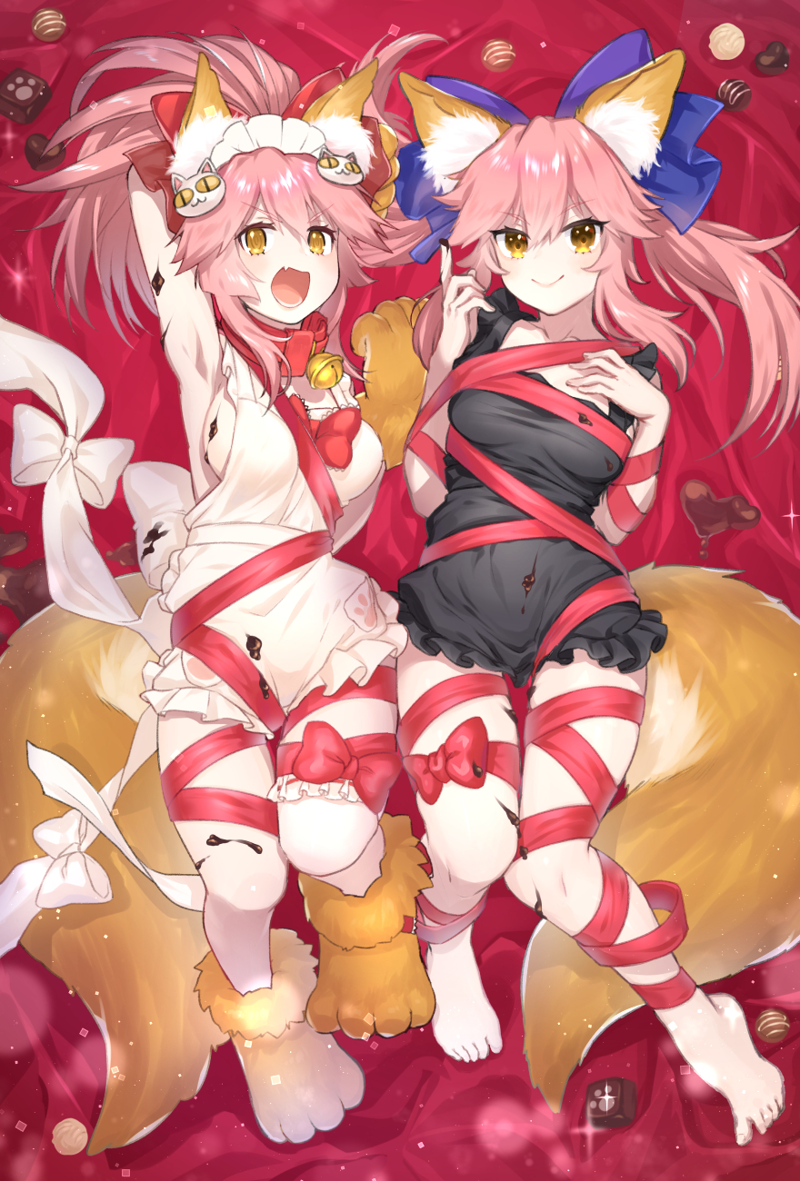 2girls animal_ear_fluff animal_ears apron bell bell_collar black_apron bound breasts cat_hair_ornament chocolate collar dual_persona fate/grand_order fate_(series) fox_ears fox_girl fox_tail gloves hair_ornament highres jingle_bell looking_at_viewer lying maid_headdress medium_breasts multiple_girls naked_apron on_back open_mouth paw_gloves paw_shoes paws pink_hair red_ribbon ribbon ribbon_bondage shoes single_thighhigh smile tail tamamo_(fate)_(all) tamamo_cat_(fate) tamamo_no_mae_(fate) thighhighs tranquil-lizer white_apron white_legwear yellow_eyes