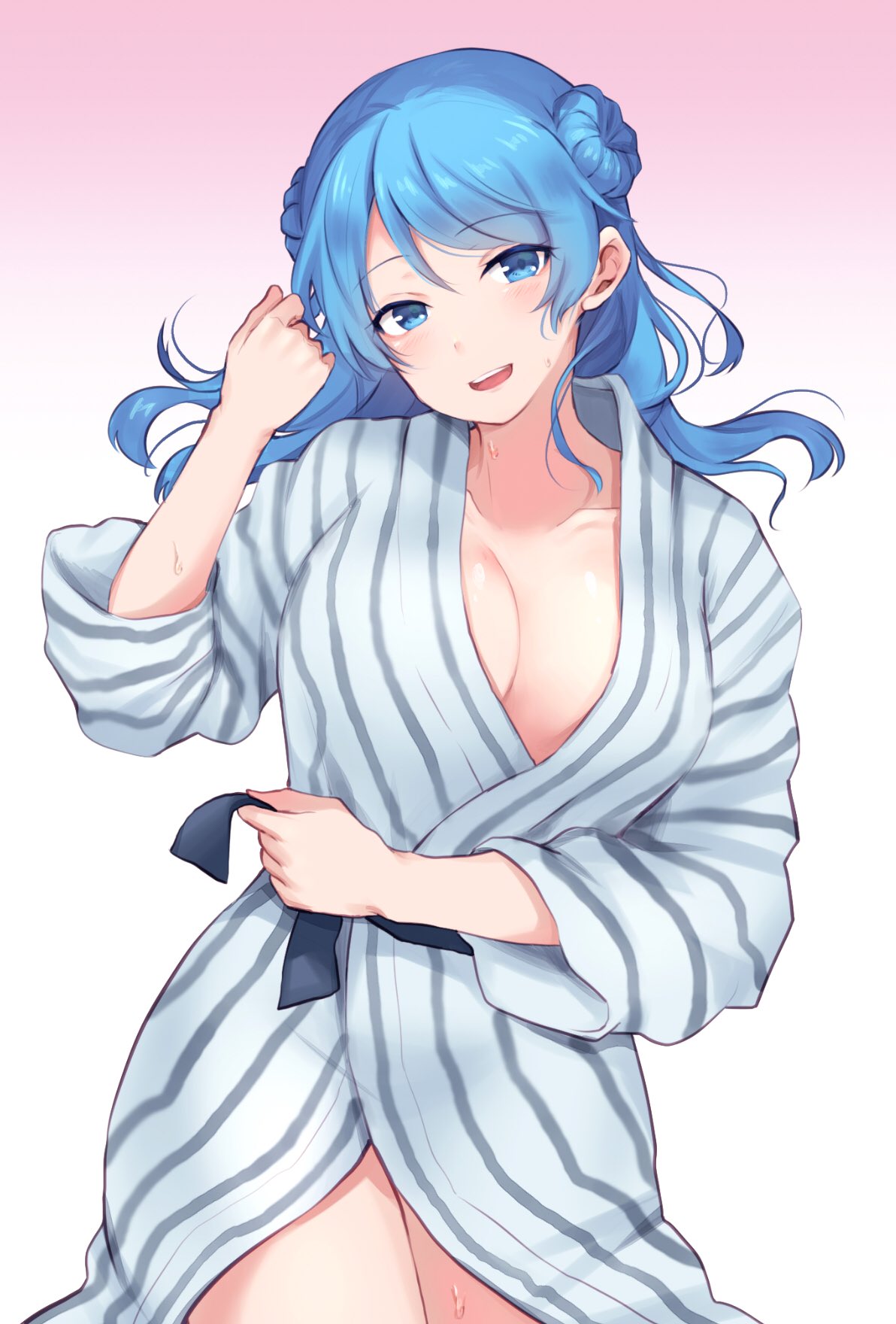 1girl alternate_costume bangs bathrobe blue_eyes blue_hair blush breasts cleavage collarbone commentary_request cowboy_shot double_bun eyebrows_visible_through_hair highres holding kantai_collection large_breasts long_hair looking_at_viewer lying open_mouth robe senbei_(senbe_i) simple_background smile solo thighs undressing urakaze_(kantai_collection) water wet