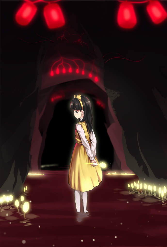 1girl bangs black_eyes black_hair bow cave_interior commentary_request copyright_request dress flower glowing hair_bow hairband long_hair long_sleeves looking_at_viewer looking_back pantyhose profile shirt sleeveless sleeveless_dress solo standing too-ye tulip wading white_legwear white_shirt yellow_bow yellow_dress yellow_hairband
