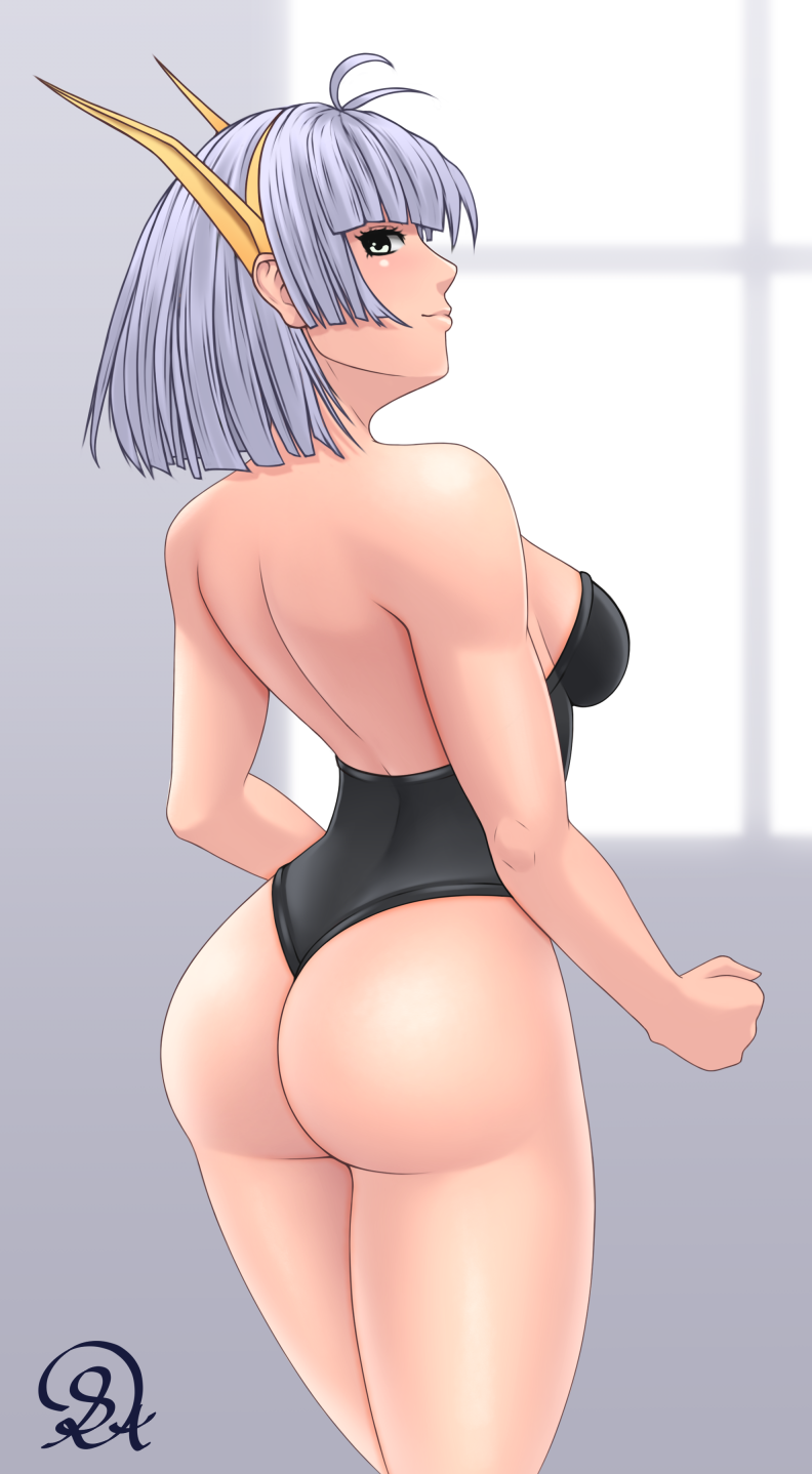 1girl antenna_hair ass bare_shoulders blue_eyes blush breasts from_behind hairband highres langrisser leotard looking_at_viewer medium_breasts rocky-ace sherry_(langrisser) shiny shiny_hair shiny_skin short_hair sideboob silver_hair smile solo