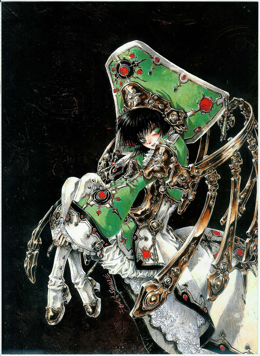 black_background full_body high_heels highres long_sleeves machinery official_art pantyhose scan seth_nightroad shibamoto_thores simple_background solo trinity_blood white_legwear
