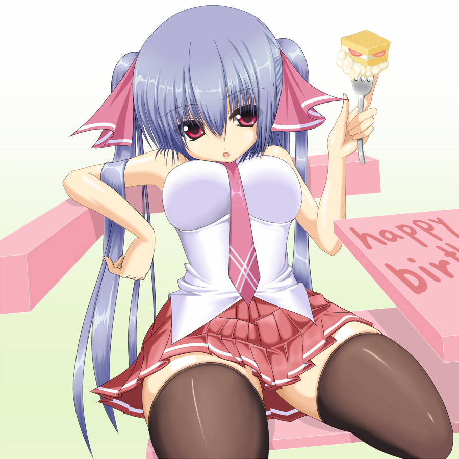 blue_hair breasts cake food fork large_breasts miniskirt necktie original pastry red_eyes riko_(shuz) shuz_(dodidu) skirt solo thighhighs