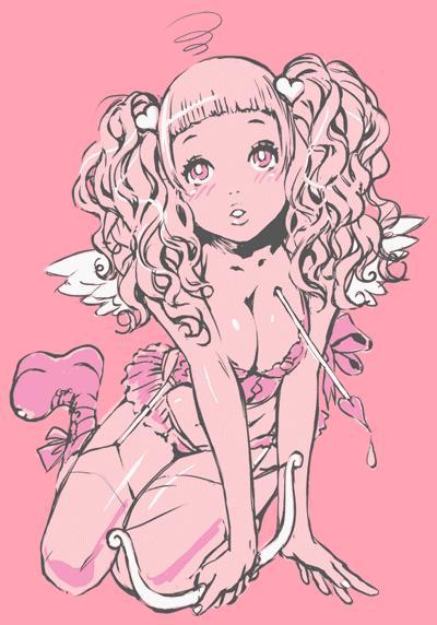angel_wings arrow artist_request blush bow_(weapon) breasts cleavage copyright_request crop_top cupid garters heart medium_breasts midriff monochrome platform_footwear skirt solo thighhighs twintails wavy_hair weapon wings