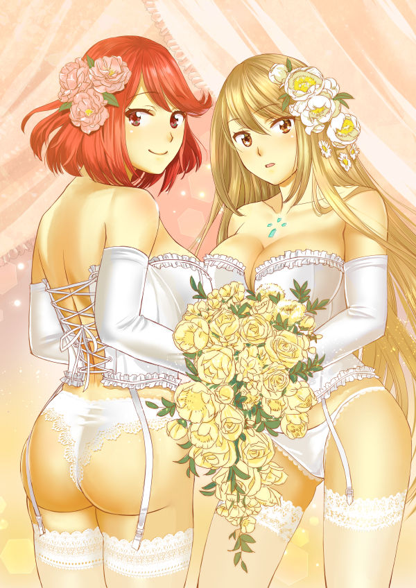 2girls :o alternate_costume ass back bangs bare_shoulders blonde_hair blush breasts cleavage closed_mouth commentary corset cover cover_page doujin_cover doujinshi female flower from_behind gem hair_flower hair_ornament hikari_(xenoblade_2) homura_(xenoblade_2) large_breasts long_hair looking_at_viewer looking_back multiple_girls nintendo ooshima_aki open_mouth panties pantyhose pink_flower pink_rose red_eyes red_hair rose short_hair smile standing strapless swept_bangs underwear very_long_hair white_flower white_rose xenoblade xenoblade_(series) xenoblade_2 yellow_eyes