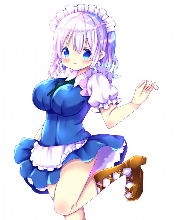 1girl :3 apron bangs blue_dress blue_eyes blush boots breasts brown_footwear chocolat_(momoiro_piano) closed_mouth collared_dress commentary_request dress eyebrows_visible_through_hair frilled_apron frills green_ribbon hair_between_eyes hand_up high_heel_boots high_heels izayoi_sakuya large_breasts long_hair maid_headdress neck_ribbon puffy_short_sleeves puffy_sleeves ribbon short_sleeves silver_hair simple_background solo standing standing_on_one_leg touhou waist_apron white_apron white_background