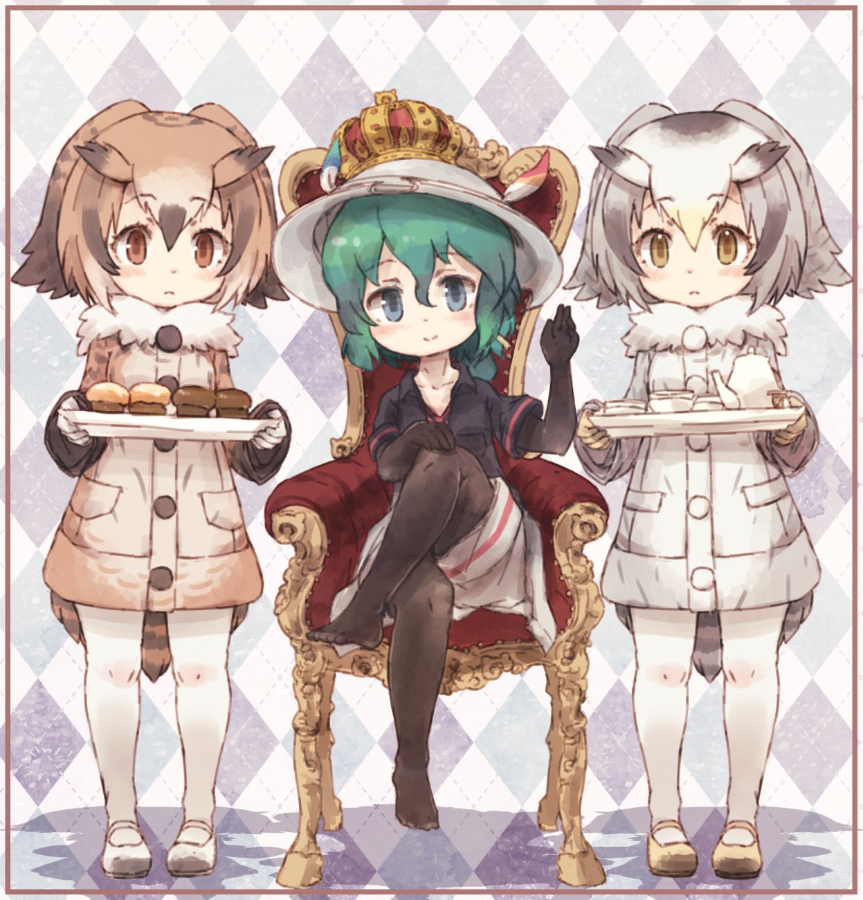 3girls bird_tail bird_wings black_hair blonde_hair blue_eyes blush brown_hair coat commentary_request crown elbow_gloves eurasian_eagle_owl_(kemono_friends) eyebrows_visible_through_hair food full_body fur_collar gloves green_hair grey_hair hand_on_own_knee hand_up hat_feather head_wings helmet highres jacket kaban_(kemono_friends) kemono_friends kolshica legs_crossed legwear_under_shorts long_sleeves multicolored_hair multiple_girls no_shoes northern_white-faced_owl_(kemono_friends) owl_ears pantyhose pith_helmet short_hair short_sleeves shorts sitting spoilers standing throne tray wings yellow_eyes
