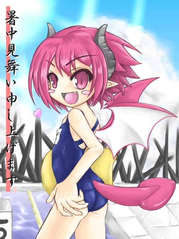 akasha bad_id bad_pixiv_id bat_wings blush child disgaea fang horns makai_senki_disgaea_3 one-piece_swimsuit pink_eyes pink_hair raspberyl school_swimsuit solo swimsuit tail translation_request wings