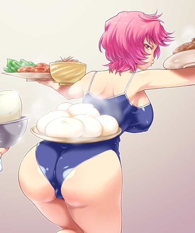 ass back bent_over breasts carrying food from_behind hairu large_breasts leaning_forward looking_back one-piece_swimsuit pink_hair short_hair solo swimsuit tetsunabe_no_jan waitress