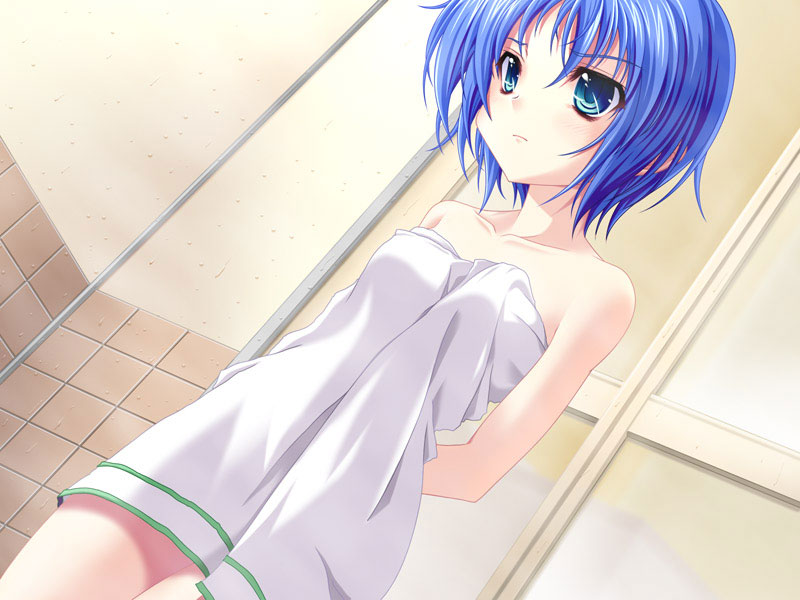 bathroom blue_hair green_eyes kanojo_tachi_no_ryuugi miyama-zero naked_towel short_hair solo towel yuki_seseri