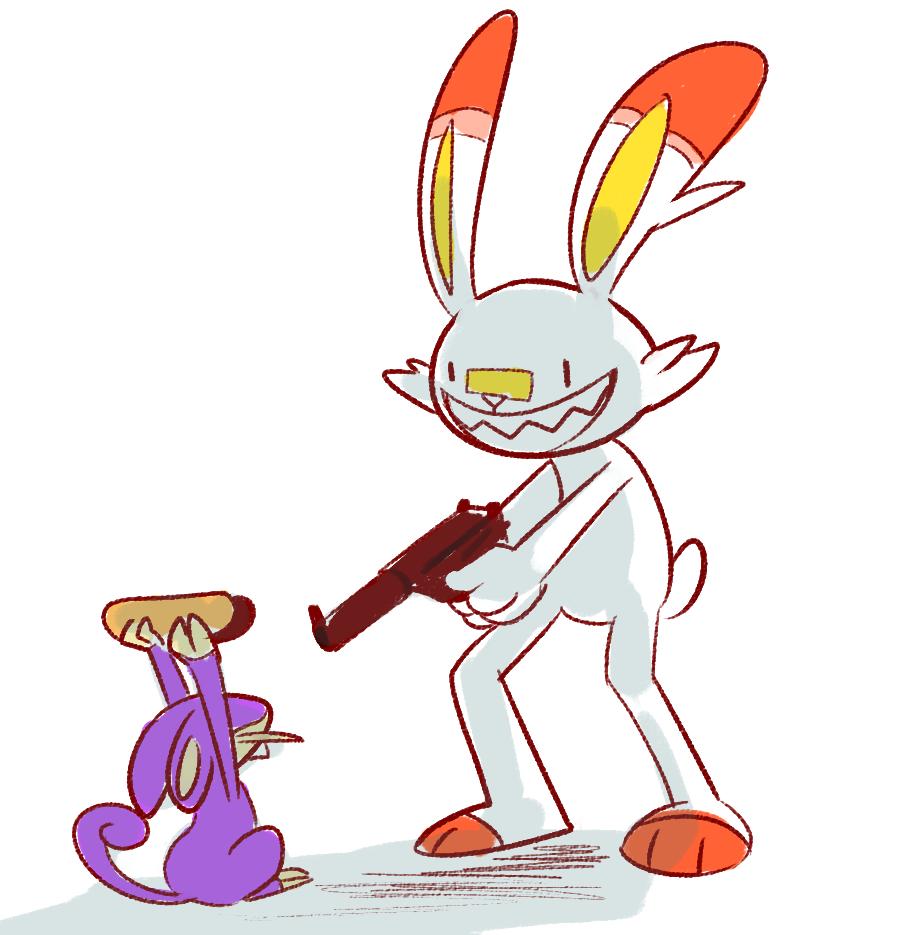 food gun hot_dog lagomorph mammal max_(sam_&amp;_max) nintendo pok&eacute;mon pok&eacute;mon_(species) ranged_weapon rat rattata rodent sam_&amp;_max scorbunny shadow simple_background smile velvetyf video_games weapon white_background