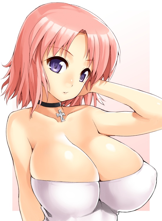 bad_id bad_pixiv_id blue_eyes breasts choker cleavage copyright_request cross huge_breasts jewelry nagase_haruhito necklace pink_hair purple_eyes short_hair solo