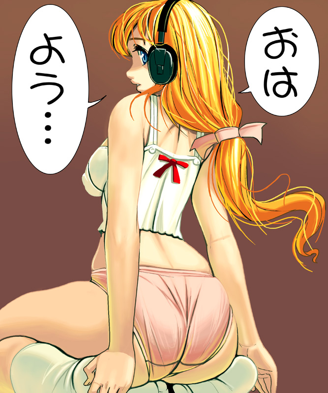 ass bad_id bad_pixiv_id blonde_hair blue_eyes copyright_request hair_ribbon headphones kneeling long_hair looking_back masao midriff panties pink_panties ribbon socks solo translated underwear