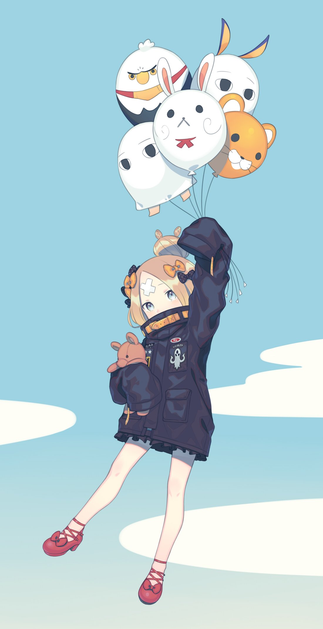 abigail_williams_(fate/grand_order) balloon black_jacket blonde_hair blue_eyes cloud commentary_request crossed_bandaids fate/grand_order fate_(series) fou_(fate/grand_order) hair_ornament hair_ribbon heroic_spirit_traveling_outfit highres holding_balloon jacket looking_at_viewer medjed miitarou nitocris_(fate/grand_order) nitocris_(swimsuit_assassin)_(fate) object_hug ribbon shoes sky solo stuffed_animal stuffed_toy teddy_bear