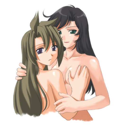 black_hair blue_eyes breast_grab breasts brown_hair convenient_arm grabbing green_eyes lipstick long_hair looking_at_viewer madlax madlax_(character) makeup multiple_girls nude red_lipstick small_breasts smile umekichi vanessa_rene yuri