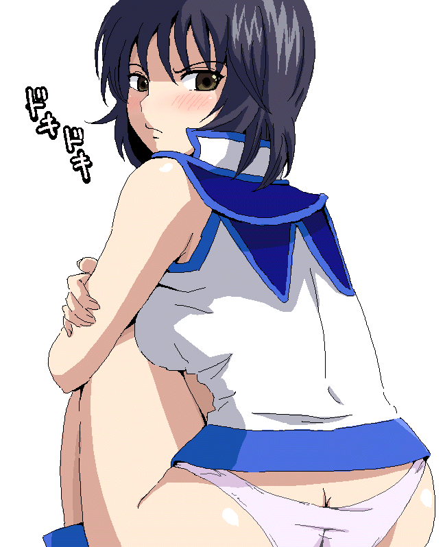 ass blue_hair blush brown_eyes no_pants panties seika_kohinata short_hair sima solo underwear yuu-gi-ou yuu-gi-ou_gx