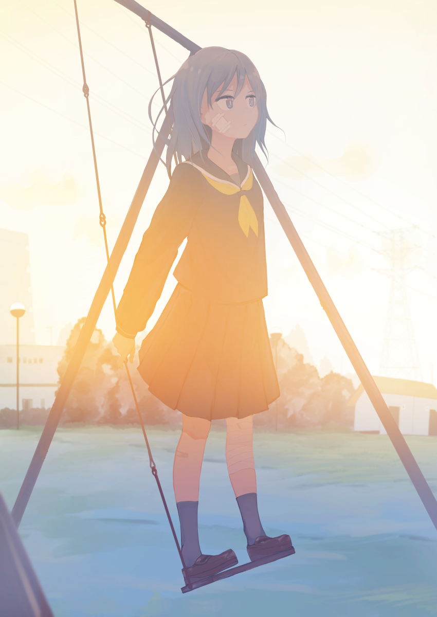 1girl bandage_on_face black_serafuku black_skirt blue_footwear blue_legwear bright_pupils building closed_mouth commentary_request from_side full_body grey_eyes grey_hair highres inami_hatoko lamppost loafers long_sleeves looking_away neckerchief original outdoors pleated_skirt power_lines school_uniform serafuku shoes skirt sky socks solo standing standing_on_swing sunlight sunset swing_set tree white_pupils yellow_neckwear