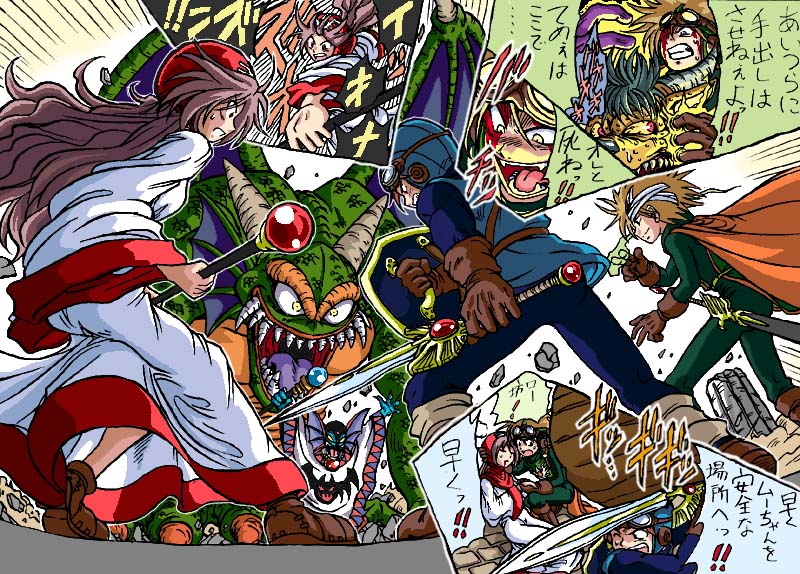 2boys :d ankle_boots battle belial_(dragon_quest) belt blonde_hair blood blood_on_face blue_skin bodysuit boots cape clenched_teeth debris dragon dragon_quest dragon_quest_ii evil_smile fantasy gem gloves goggles goggles_on_headwear green_skin hanbu_hantarou hand_on_another's_head hargon head_wings holding holding_hands holding_shield holding_staff holding_sword holding_weapon hood horns leg_warmers long_hair long_sleeves monster motion_lines multiple_boys one_eye_closed open_mouth outline pink_eyes prince_of_lorasia prince_of_samantoria princess_of_moonbrook purple_hair robe sharp_teeth shield short_hair sidoh smile smirk speech_bubble speed_lines spiked_hair staff sweatdrop sword tabard teeth translation_request tunic v-shaped_eyebrows very_long_hair wavy_hair weapon wide_sleeves wince wings yellow_eyes yellow_sclera