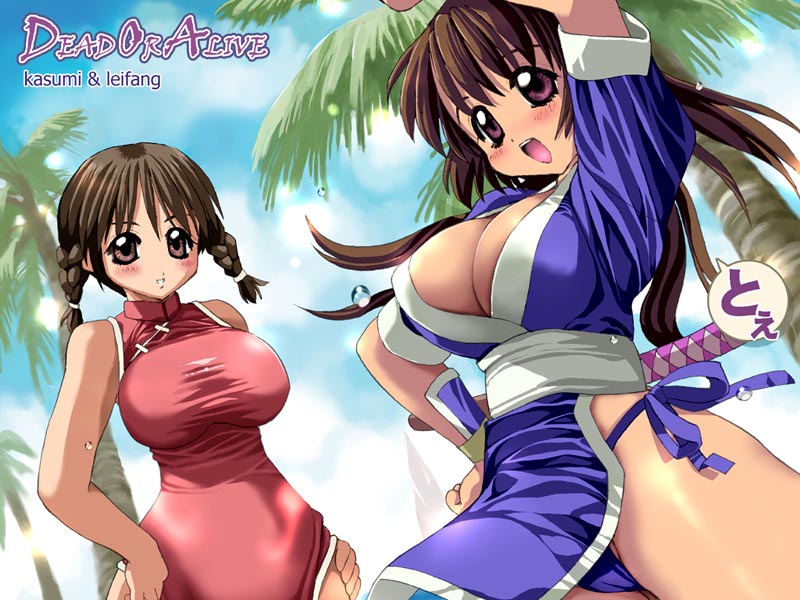 2girls beach blush braid breasts brown_eyes brown_hair china_dress chinadress chinese_clothes cleavage curvy dead_or_alive dress female hand_on_hip hands_on_hips huge_breasts inono kasumi kasumi_(doa) lei_fang long_hair lowres multiple_girls ninja open_mouth purple_eyes smile sword tecmo togusa_masamu twintails weapon