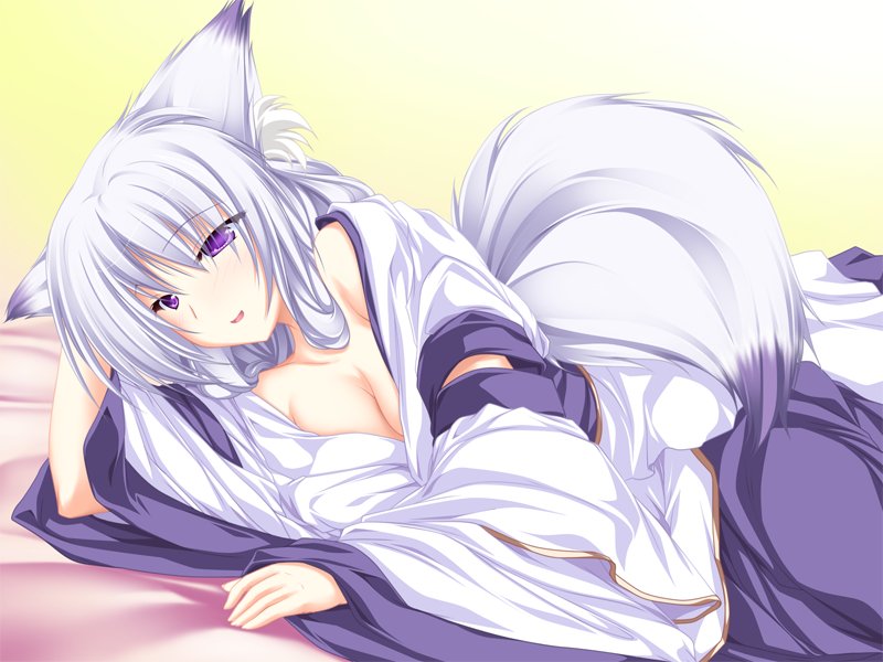 :d animal_ears arm_support bangs bed blush breasts cleavage detached_sleeves eyes_visible_through_hair fox_ears fox_tail game_cg hand_behind_head inakoi indoors japanese_clothes kuzuha_(inakoi) long_hair lying mature medium_breasts miko on_bed on_side open_mouth purple_eyes sleeves_past_wrists smile solo tail tenmaso white_hair