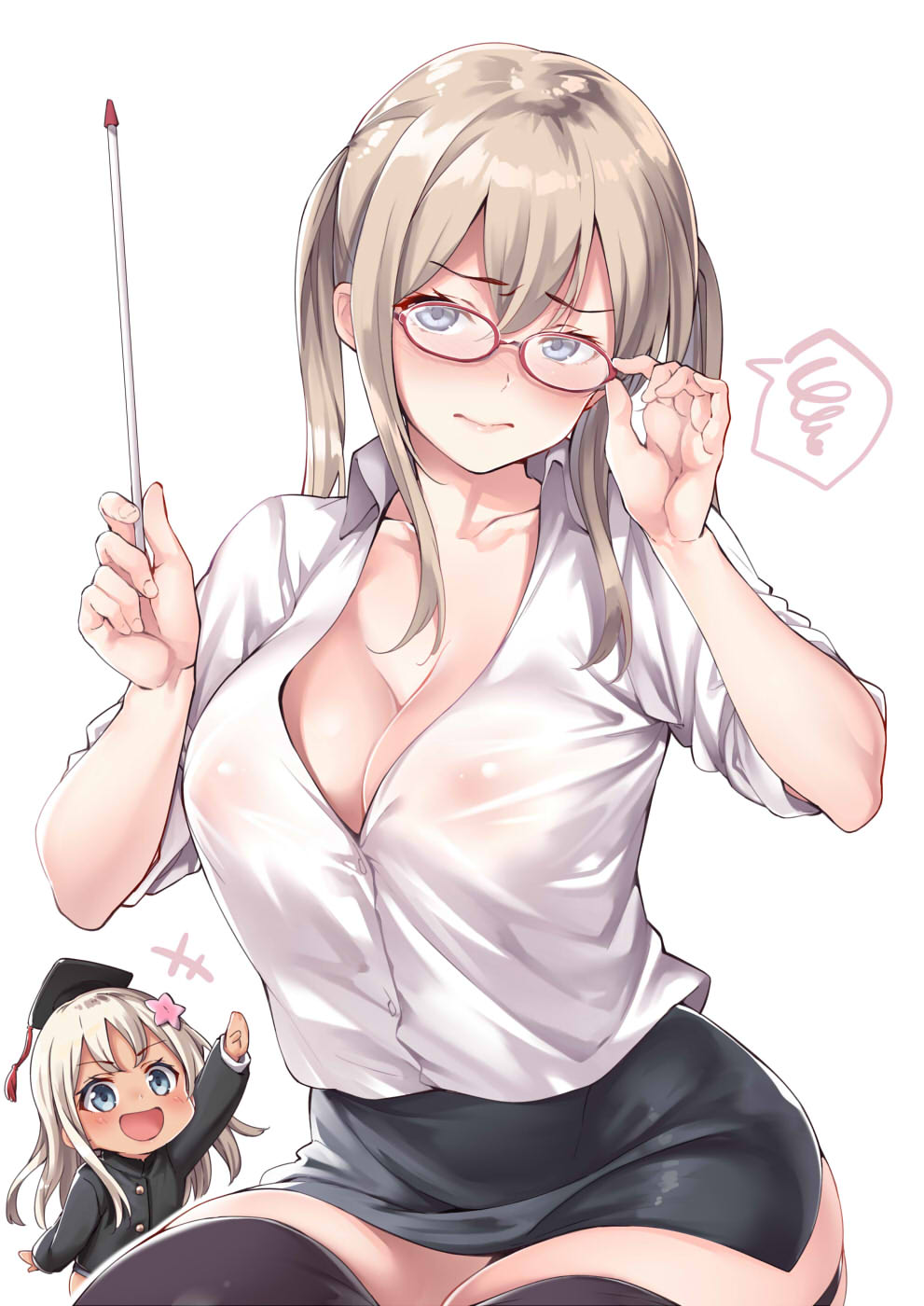 1girl areolae blonde_hair blouse blush breasts commentary_request ebifurya embarrassed erect_nipples graf_zeppelin_(kantai_collection) grey_eyes hair_between_eyes highres kantai_collection large_breasts looking_at_viewer see-through sidelocks solo tsurime twintails white_blouse