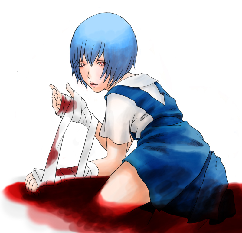 artist_request ayanami_rei bandages blood blue_hair neon_genesis_evangelion red_eyes school_uniform short_hair solo