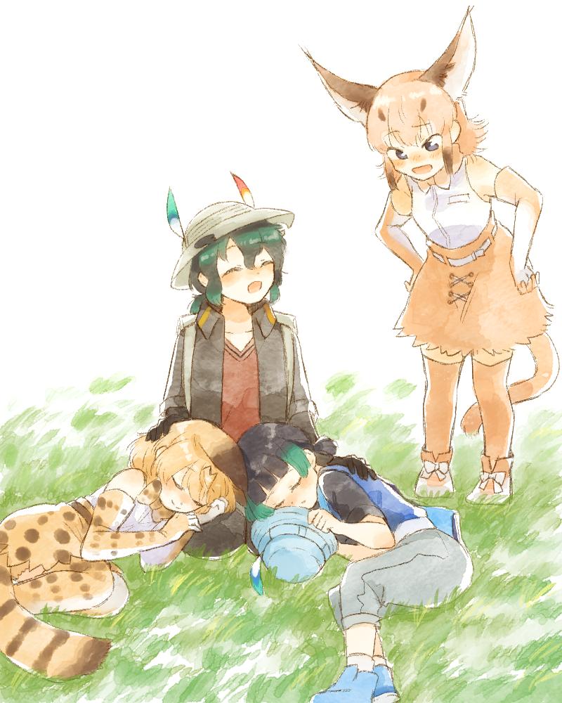 4girls animal_ears backpack bag bare_shoulders belt blonde_hair blue_eyes boots capri_pants caracal_(kemono_friends) comic commentary_request curled_up ears_down elbow_gloves eyebrows_visible_through_hair eyes_closed gloves green_hair hands_on_hips hat hat_feather hat_removed headwear_removed helmet kaban_(kemono_friends) kemono_friends kyururu_(kemono_friends) lap_pillow light_brown_hair long_hair moeki_(moeki0329) multicolored_hair multiple_girls pants pantyhose pith_helmet seiza serval_(kemono_friends) serval_ears serval_print serval_tail shoes short_hair sitting sleeping sleeveless sneakers spoilers tail thighhighs zettai_ryouiki