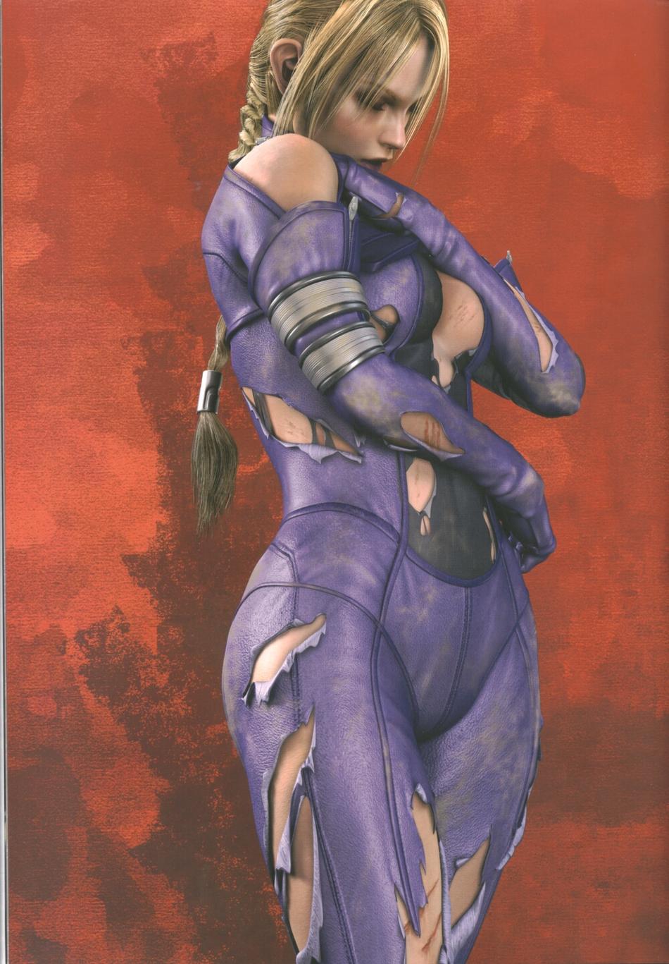 3d artist_request bare_shoulders blonde_hair bodysuit braid closed_eyes death_by_degrees dirt dirty highres nina_williams official_art solo tekken torn_clothes