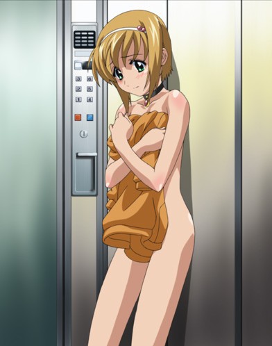 artist_request blonde_hair blush boku_no_pico choker clothes_in_front covering crossed_arms elevator green_eyes hairband lowres male_focus nude nude_cover otoko_no_ko pico short_hair solo